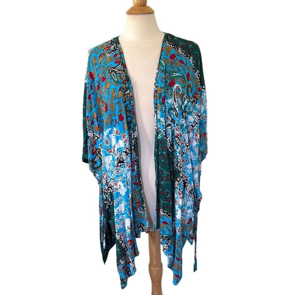 Blue Patchwork Flowy Kimono Lightweight Layering Adjustable Bohemian Floral N12